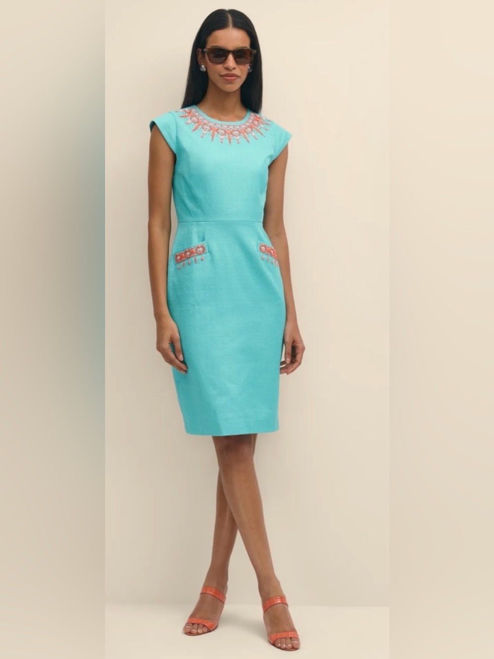 Brooks Brothers Cottom Embroidered - Aqua Embellished Sheath Dress